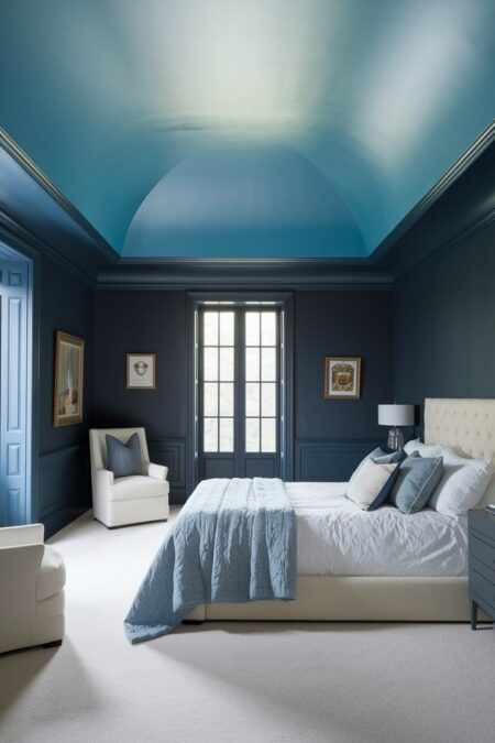 navy blue bedroom with cream upholstered bed frame and armchairs, light blue ceiling