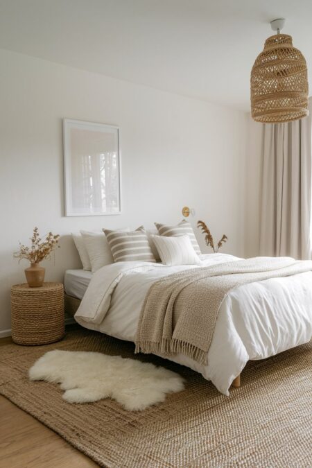 neutral Japandi bedroom with layered rugs, jute area rug and a sheepskin, striped pillows
