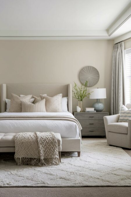 neutral transitional bedroom with cream walls, low-profile bed frame, and light area rug