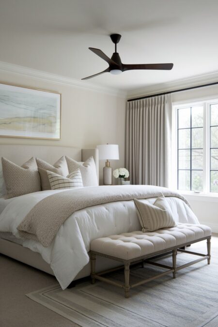 neutral transitional bedroom with cream walls, low-profile bed with high-quality bedding, and black ceiling fan