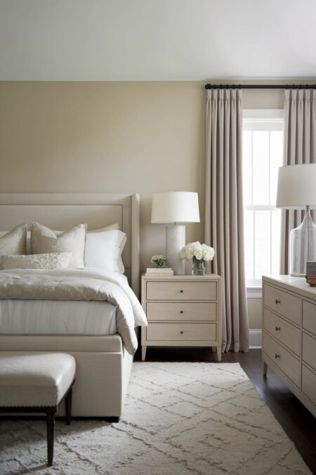 neutral transitional bedroom with cream walls, upholstered bed frame, light furniture and area rug