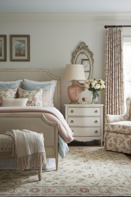 shabby chic bedroom has a soft vintage-style floral rug with a faded worn appearance