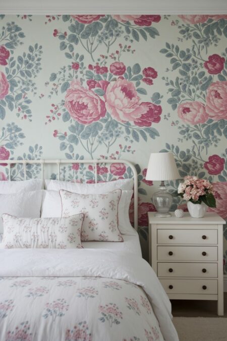 shabby chic bedroom has an accent wall with a floral wallpaper and white bedding with muted floral pattern