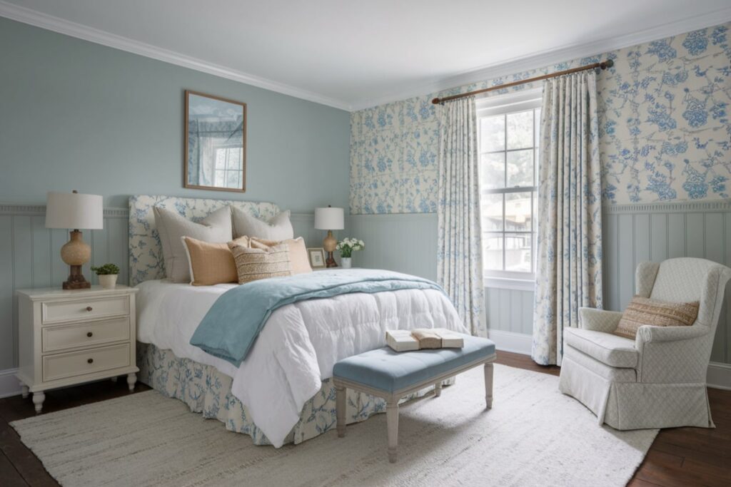 shabby chic bedroom with a gray beadboard, blue botanical pattern on the accent wall and bed