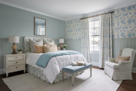 shabby chic bedroom with a gray beadboard, blue botanical pattern on the accent wall and bed