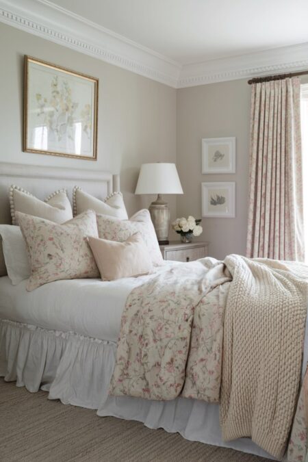 shabby chic bedroom with a ruffled bed skirt, pillows in different shapes and sizes, floral patterns
