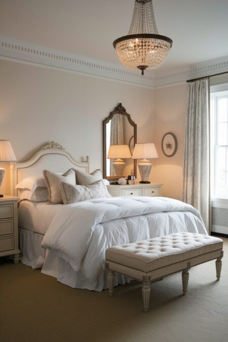 shabby chic bedroom with a vintage crystal chandelier and vintage table lamps on the nightstands