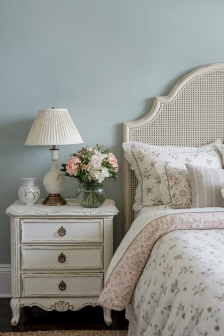 shabby chic bedroom with a white vintage nightstand and delicate lace doily placed under a table lamp and vases