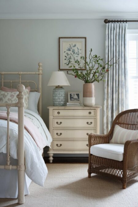 shabby chic bedroom with a wrought iron bed frame painted in cream, a wicker armchair, and an old wooden dresser painted in cream color