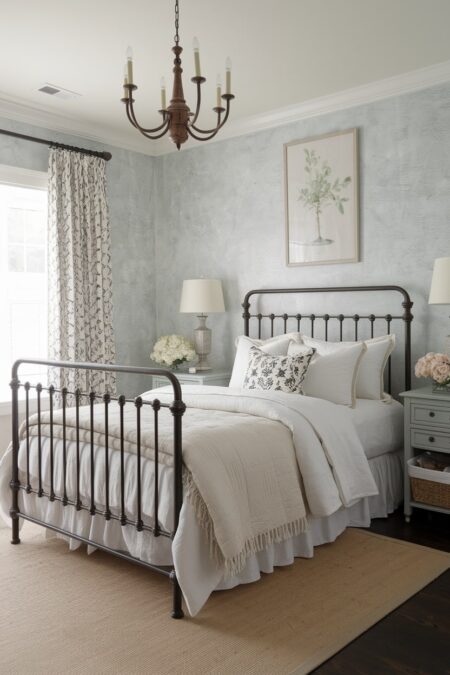 shabby chic bedroom with a black wrought iron bed frame and curtain rod, textured gray wallpaper