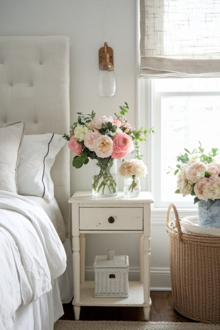 shabby chic bedroom with fresh flowers (peonies) on the nightstand and linen window treatments