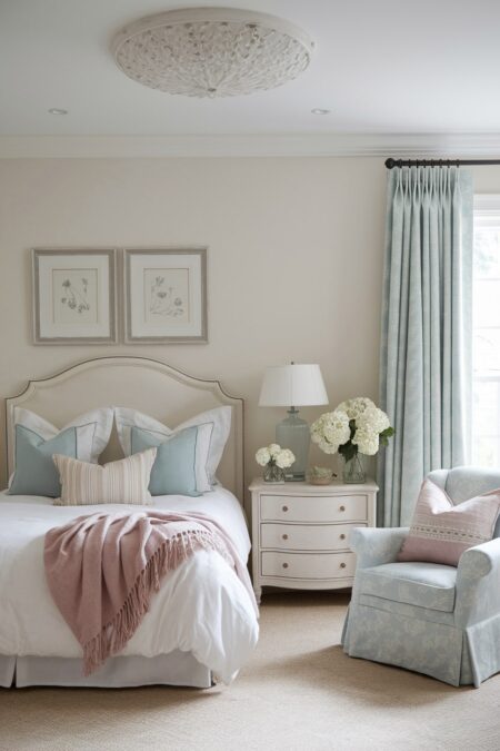 shabby chic bedroom with ivory walls, pastel blue and pastel pink accent textiles
