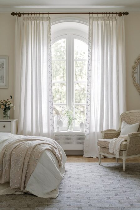 shabby chic bedroom with light, airy curtains with delicate embroidery