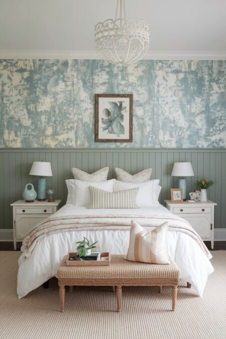 shabby chic bedroom with sage green beadboard or wainscoting, blue and cream wallpaper with weathered look