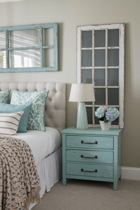 shabby chic bedroom with weathered window frames as decorative pieces