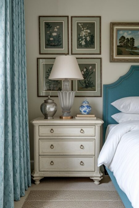traditional bedroom with a blue upholstered bed frame and framed botanical prints above the nightstand