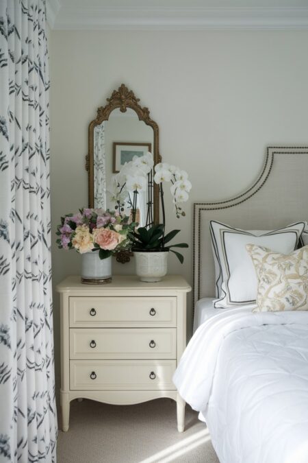 traditional bedroom with a bouquet of fresh flowers and potted orchid on the nightstand