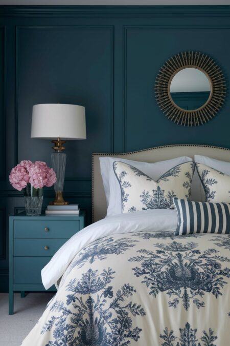traditional bedroom with a navy blue wall, round mirror, and toile bedding