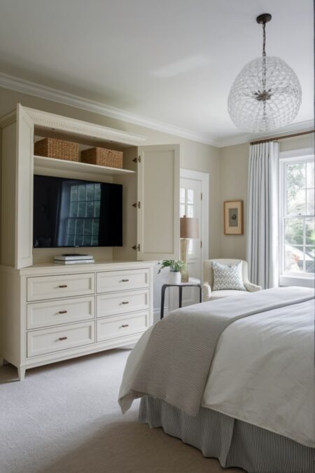 traditional bedroom with a TV hidden inside the light armoire-dresser