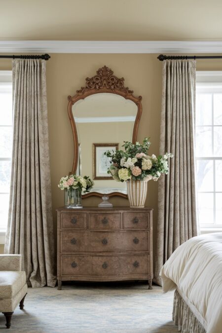 traditional bedroom with an antique decorative mirror hung above a wooden dresser