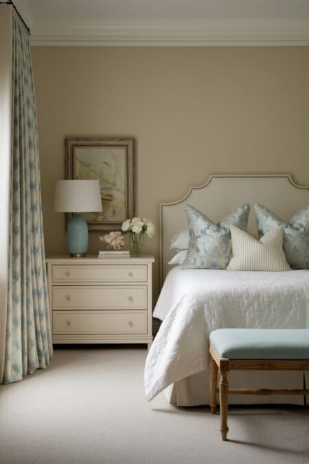 traditional bedroom with beige walls, cream nightstand, and muted blue decor