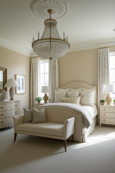 monochromatic traditional bedroom with cream walls, a crystal chandelier, and elegant table lamps on the nightstands