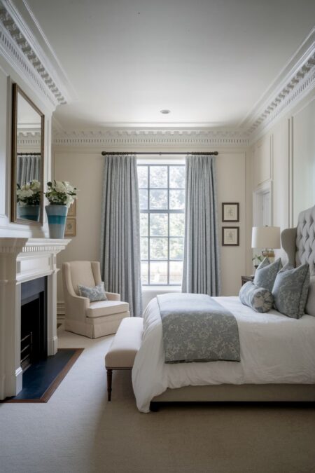 traditional bedroom with cream walls, moldings, a fireplace, white bedding, and muted blue accent textiles