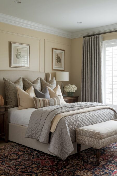 traditional bedroom with cream walls, luxurious silk bedding, and oriental-style area rug