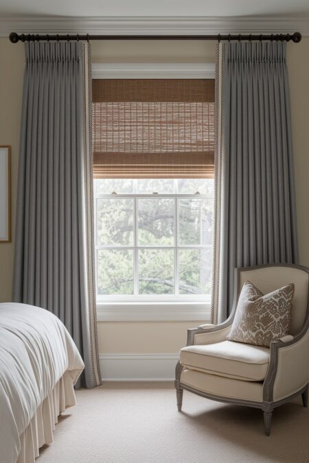 traditional bedroom with woven shades, gray curtains, and an elegant armchair