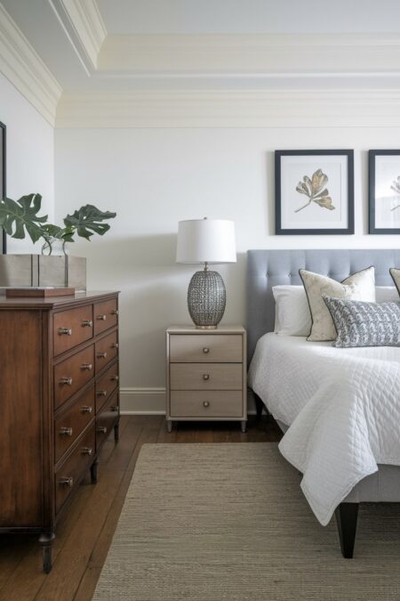 transitional bedroom with a mix of furniture styles, vintage wooden dresser and light modern nightstand, gray upholstered bed