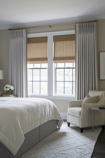 transitional bedroom with beige walls, woven wood shades, and light gray curtains on the brass curtain rod
