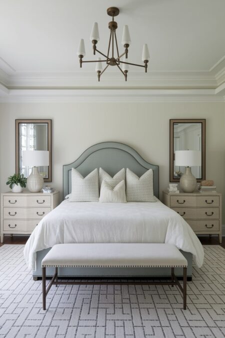 transitional bedroom with cream walls, gray low-profile bed with white bedding, symmetrical nightstands and decor