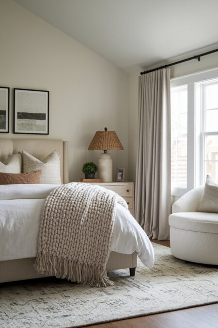 transitional bedroom with cream walls, low-profile bed, plush wool area rug, chunky knit throw blanket, white curved back armchair, and natural fiber lampshade