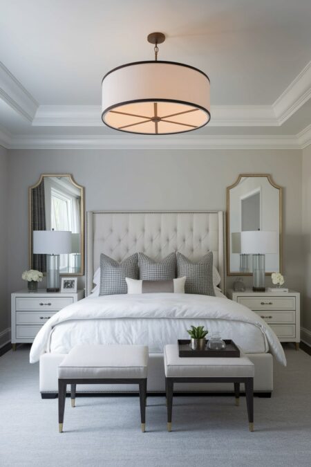 transitional bedroom with light gray walls, cream low-profile bed, drum pendant, and table lamps with glass bases