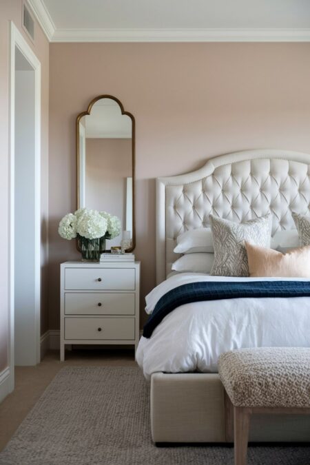 transitional bedroom with muted dusty pink walls, cream tufted headboard, white nightstand, and a bronze framed mirror