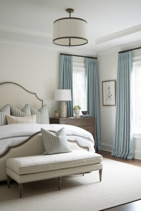 transitional bedroom with white walls, cream curved headboard, light blue curtains, and dark wooden dresser