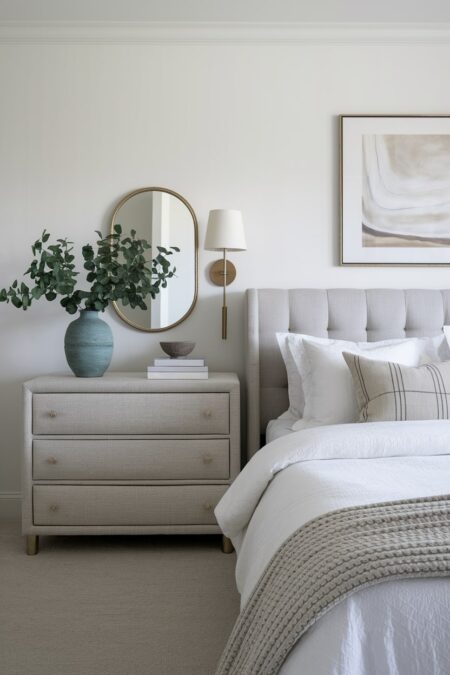 transitional bedroom with white walls, gray upholstered bed frame and dresser, oval mirror, and abstract art above the bed