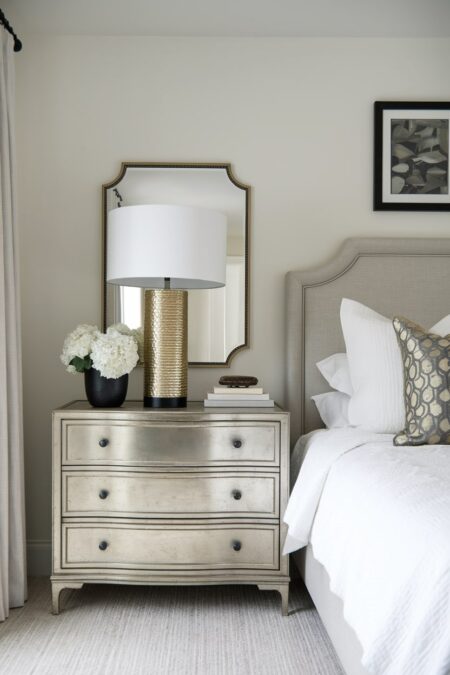 transitional bedroom with white walls, metal nightstand, metallic gold table lamp base, and gray upholstered bed frame