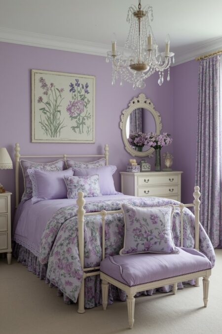 vintage lavender bedroom with floral bedding and curtains, white iron bed frame, and distressed white painted dresser