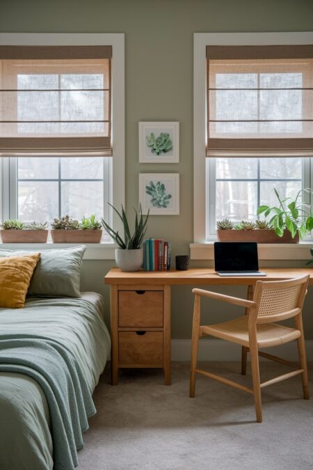 biophilic teen bedroom design with sage green color palette, houseplants, and wooden furniture