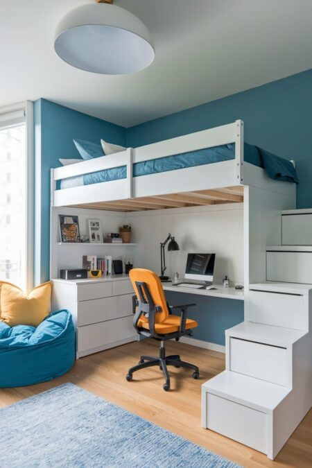 blue teen bedroom has a white loft bed with stairs and desk underneath