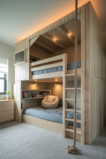 boy's bedroom has a wooden treehouse style bunk bed with a climbing ladder and rope