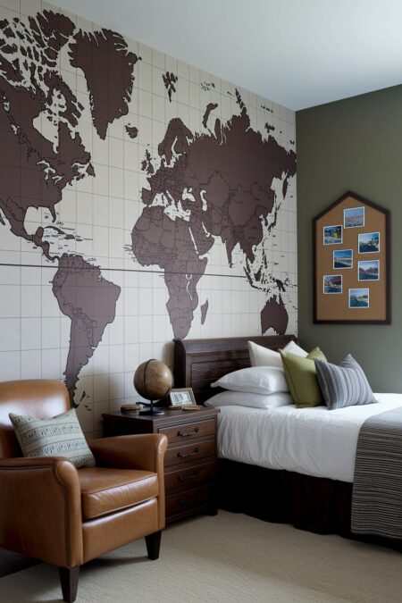 boy's bedroom with a vintage map wallpaper