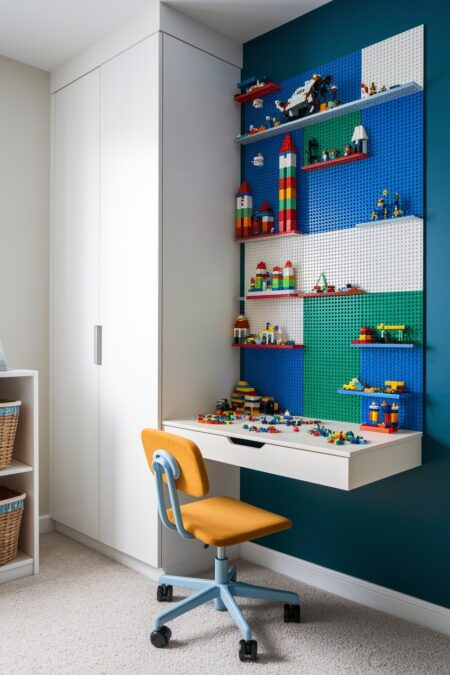 boy's bedroom with wall-mounted LEGO baseplates above the white floating desk