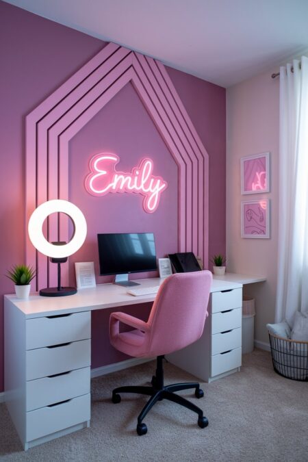 content creator teen girl bedroom with a pink accent wall