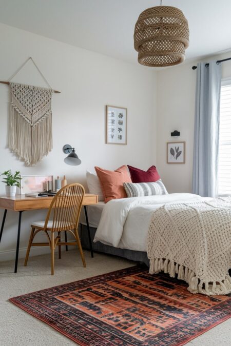 eclectic boho style teen bedroom with macramé and vintage style area rug
