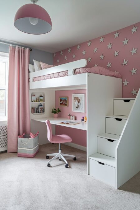 girls' bedroom with a creative workspace underneath the white loft bed