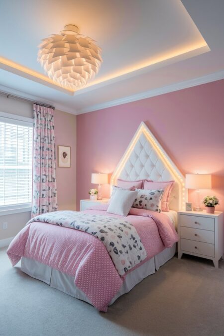 girls' bedroom with a pink accent wall and layered lighting