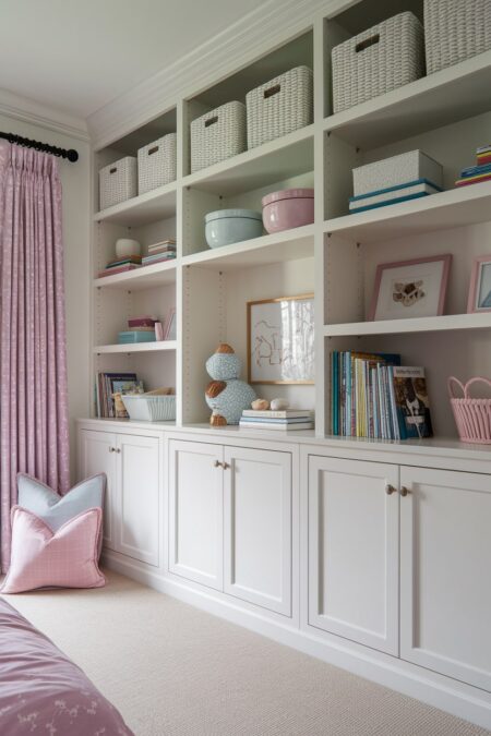girls' bedroom with a white built-in shelving with closed cabinetry at the bottom and stylish decorative baskets