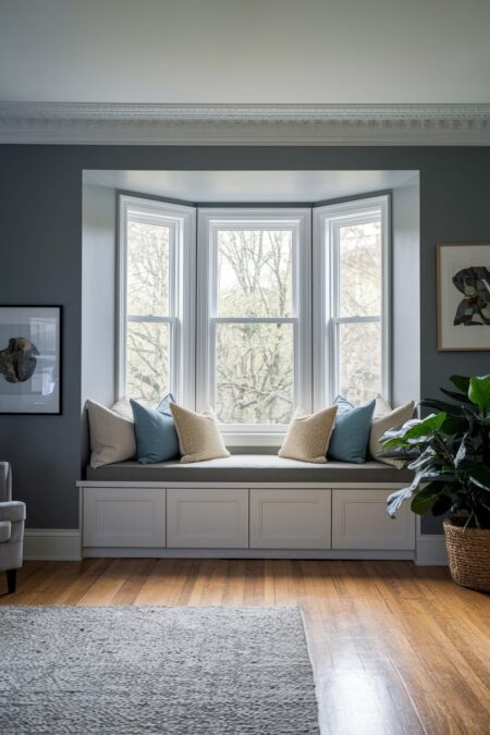 gray living room has bay window seating with white integrated drawers for storage